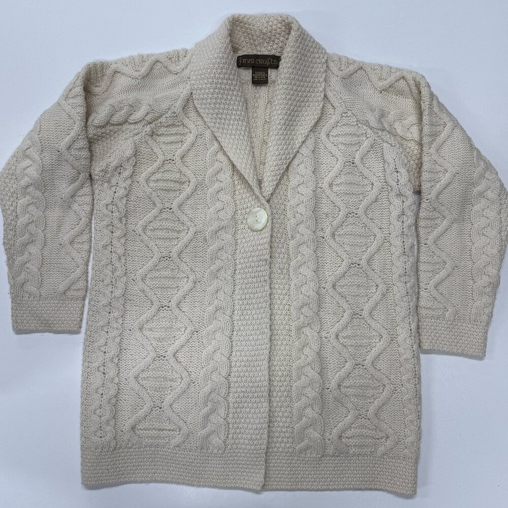 Inis Crafts Aran Cable Knit Shawl Neck Merino Wool Cardigan Sweater Medium Women